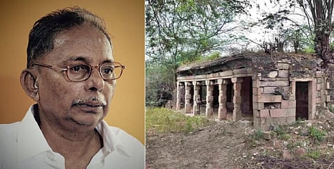 இடது: மேலாண்மை பொன்னுச்சாமி | வலது: பாதசாரிகள் ஓய்வெடுக்க நாயக்க மன்னர்களால் கட்டப்பட்ட கல்மண்டபம்