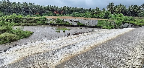 கோவை நொய்யல் ஆற்றில் நீர்வரத்து அதிகரித்துள்ளதால் சித்திரைச்சாவடி தடுப்பணையில் கரை புரண்டு ஓடும் வெள்ளம்.