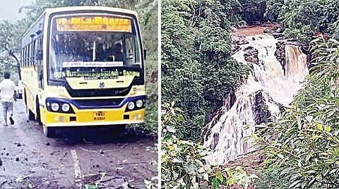 கல்லட்டி மலைப்பாதையில் ராட்சத பாறை விழுந்ததால் சேதமடைந்த சாலை. (அடுத்த படம்) முதுமலை புலிகள் காப்பகத்தில் உள்ள மாயாறு நீர்வீழ்ச்சியில் ஆர்ப்பரித்துக் கொட்டும் வெள்ளம்.