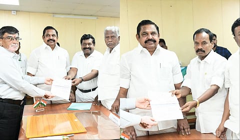 மாநிலங்களவைத் தேர்தலில் போட்டியிடும் அதிமுக வேட்பாளர்கள் ஐ.எஸ்.இன்பதுரை மற்றும் ம.தனபால் ஆகியோர் தங்களது வேட்புமனுக்களை தாக்கல் செய்தனர்