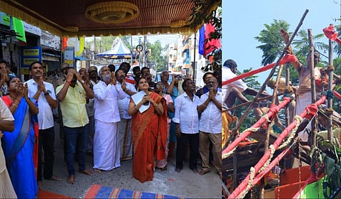 சென்னை சூளை பகுதியில் உள்ள அகண்ட தண்டு மாரியம்ன் கோயில் குடமுழுக்கு விழாவில் அமைச்சர் சேகர்பாபு கலந்துகொண்டு சாமி தரிசனம் செய்தார்.