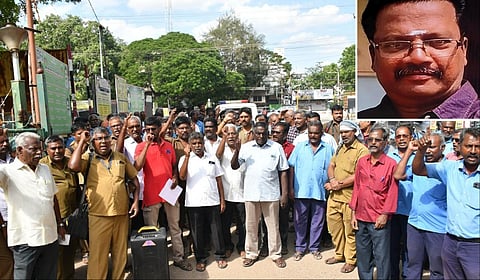 மதுரை தலைமை போக்குவரத்து அலுவலகம் முன்பாக சிஐடியு தலைமையில் ஆர்ப்பாட்டம் நடைபெற்றது. | படம்: கிருஷ்ணமூர்த்தி (உள்படம்: சஸ்பெண்ட் செய்யப்பட்ட மாரிமுத்து)