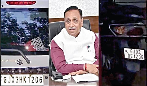 1206 என்ற பதிவெண் கொண்ட விஜய் ரூபானியின் வாகனங்கள்.