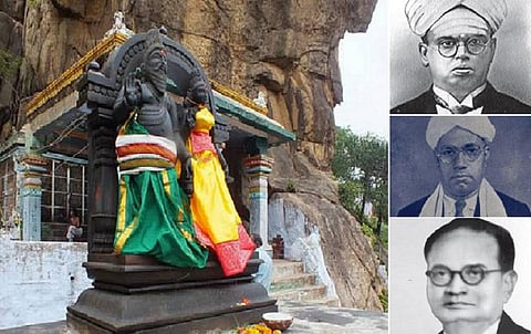 இடது: பாபநாசத்தில் உள்ள அகத்தியர் சிலை | வலது - மேலிருந்து கீழாக: கா.சு.பிள்ளை, வையாபுரி பிள்ளை, சேது பிள்ளை.