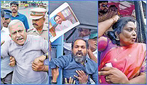 திமுக எம்.பி. ஆ.ராசாவை கண்டித்து, பாஜக சார்பில் சென்னை சிவானந்தா சாலை அருகே நேற்று ஆர்ப்பாட்டத்தில் பங்கேற்ற நாராயணன் திருப்பதி உள்ளிட்ட பாஜகவினரை போலீஸார் கைது செய்தனர். (கடைசி படம்) சைதாப்பேட்டையில் கைது செய்யப்பட்ட தமிழிசை சவுந்தரராஜன். | படங்கள்: ம.பிரபு |