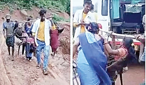 ஒடிசா மாநிலத்தில் மருத்துவ சிகிச்சைக்கு 10 கி.மீ. தூக்கி வரப்பட்ட கர்ப்பிணி