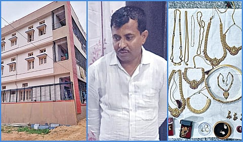 காளகப்பா நிதகுன்ட்டி. அடுத்தபடம்: சோதனை நடைபெற்ற வீடு. கடைசி படம்: பறிமுதல் செய்யப்பட்ட நகைகள்.