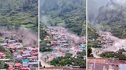 உத்தராகண்டில் மேகவெடிப்பு காரணமாக கீர் கங்கா நதியில் ஏற்பட்ட பெரு வெள்ளத்தால் முழுமையாக அழிந்துபோன தரளி கிராமம்.படம்: பிடிஐ