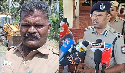 கோவை மேற்கு மண்டல ஐஜி செந்தில் குமார் குடிமங்கலம் காவல் நிலையத்தில் செய்தியாளர்களுக்கு பேட்டி அளித்தார். (இடது) : உயிரிழந்த சிறப்பு உதவி ஆய்வாளர் சண்முகவேல்