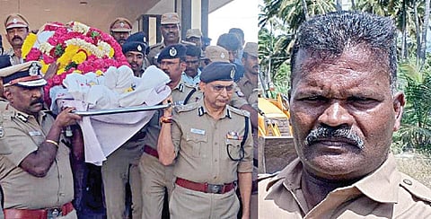 உடுமலையில் கொல்லப்பட்ட சிறப்பு எஸ்.ஐ. சண்முகவேல் உடலை சுமந்து சென்ற டிஜிபி சங்கர் ஜிவால், ஏடிஜிபி டேவிட்சன் தேவாசீர்வாதம் மற்றும் போலீஸார். படம்: எம்.நாகராஜன்