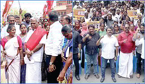 இடது: மார்க்சிஸ்ட் கம்யூனிஸ்ட் கட்சியின் மாநில செயலாளர் பெ.சண்முகம் ரிப்பன் மாளிகையில் போராட்டத்தில் ஈடுபட்டு வரும் மாநகராட்சி தூய்மை பணியாளர்களை நேற்று சந்தித்து ஆதரவு தெரிவித்தார். | வலது: தூய்மை பணிகளை தனியார் மயமாக்குவதை கண்டித்து நாம் தமிழர் கட்சியின் தலைமை ஒருங்கிணைப்பாளர் சீமான் தலைமையில் அக்கட்சியினர் சென்னை மாவட்ட ஆட்சியர் அலுவலகம் அருகே ஆர்ப்பாட்டத்தில் ஈடுபட்டனர்.