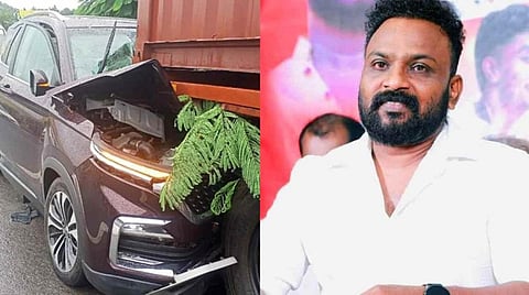 கன்டெய்னர் லாரி மீது கார் மோதி காமெடி நடிகர் காயம்