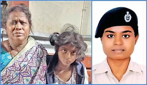 பத்திரமாக மீட்கப்பட்ட பெண் பயணி சுசீலா தனது பேத்தியுடன். | அடுத்த படம்: பெண் பயணியை மீட்ட காவலர் திவ்யா.