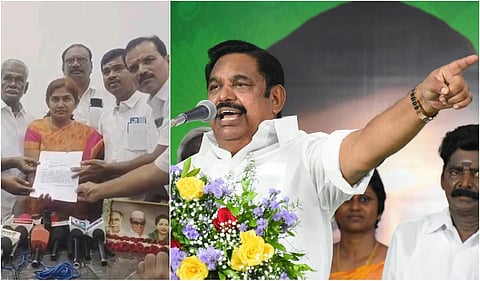 (இடது) கோபியில் அதிமுகவினர் ‘மாஸ்’ ராஜினாமா கடிதங்களை பெற்ற முன்னாள் எம்.பி. சத்தியபாமா, (வலது) - அதிமுக பொதுச் செயலாளார் எடப்பாடி பழனிசாமி.