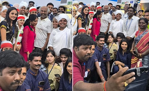 கோவை விமான நிலைய வளாகத்தில் இன்று நடந்த ‘பயணிகள் சேவை திருவிழா’ நிகழ்வில் கலந்து கொண்ட நடிகர் ரஜினியுடன் பயணிகள், கல்லூரி மாணவிகள், விமான நிலைய அதிகாரிகள் ஆகியோர் குழு புகைப்படம் எடுத்துக் கொண்டனர். படம்: இல.ராஜகோபால்