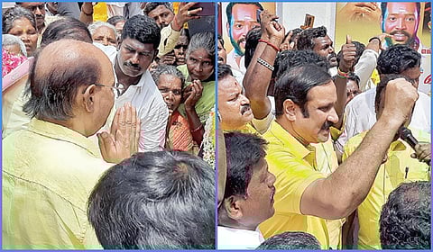 விழுப்புரத்தை அடுத்த கோலியனூரில் உள்ள தியாகிகள் நினைவு தூணில் அஞ்சலி செலுத்திய பாமக நிறுவனர் ராமதாஸ். (அடுத்த படம்) அஞ்சலி செலுத்திய பாமக தலைவர் அன்புமணி.படங்கள்: | இரா.தினேஷ்குமார் |