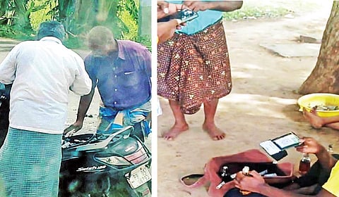 குருபரப்பள்ளி அருகே சென்னசந்திரம் கிராமத்தில் சட்டவிரோதமாக இருசக்கர வாகனத்தில் நடைபெறும் மது விற்பனை. (அடுத்த படம்) மது விற்பனைக்கு ஸ்கேனர் மூலம் பணம் பெறப்படுகிறது.