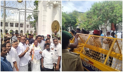 புதுச்சேரி ஆளுநர் மாளிகை முன்பு முன்னாள் முதல்வர் நாராயணசாமி திடீர் போராட்டம்