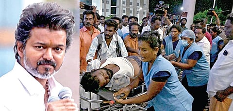 கரூரில் கூட்ட நெரிசலில் மயங்கி விழுந்தவரை அரசு மருத்துவமனைக்கு கொண்டு செல்லும் மருத்துவ பணியாளர்கள் மற்றும் பொதுமக்கள். படம்: எம்.மூர்த்தி