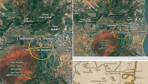 காயல்பட்டினம் பகுதி குறித்த ஆய்வுகள் அடிப்படையில் வரையப்பட்ட செயற்கை கோள் வரைபடம் மற்றும் ராபர்ட் ஓரம் வரைபடம் ஆகியவற்றின் ஒப்பீடு.