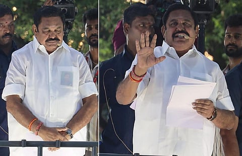 இடது: தருமபுரி பிரச்சாரத்தில் மவுன அஞ்சலி செலுத்திய எடப்பாடி பழனிசாமி