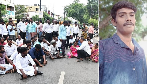 இடது: உறவினர்கள் போராட்டம் | வலது: உயிரிழந்த இளைஞர் | படம்: எஸ்.கிருஷ்ணமூர்த்தி