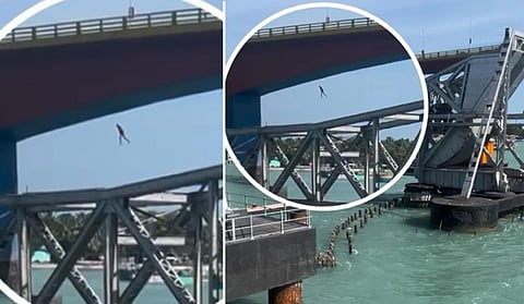 பாம்பன் பாலத்தில் இருந்து கடலில் குதித்த இளைஞர் - வைரல் வீடியோவால் விசாரணை