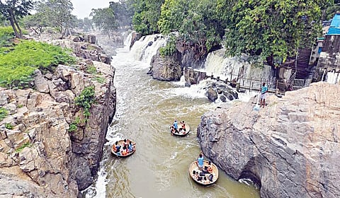 தருமபுரி மாவட்டம் ஒகேனக்கல் காவிரி ஆற்றில் நீர்வரத்து குறைந்த நிலையில் நேற்று பரிசல் இயக்க அனுமதி அளிக்கப்பட்டது.
இதையடுத்து, சுற்றுலாப் பயணிகள் பரிசல்களில் பயணித்து மகிழ்ந்தனர்.