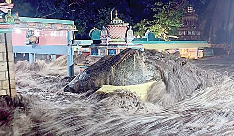 உடுமலை அருகேயுள்ள திருமூர்த்திமலை பஞ்சலிங்க அருவியில் ஏற்பட்ட வெள்ளப்பெருக்கால் அமணலிங்கேஸ்வரர் கோயில் மண்டபத்தை மூழ்கடித்தபடி பாய்ந்தோடிய வெள்ளம்.