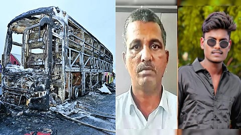 தீயில் எரிந்த பேருந்து, ஓட்டுநர் மிரியாலா லட்சுமய்யா, பைக் ஓட்டிய இளைஞர்.