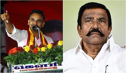 தவெக கொள்கை பரப்புப் பொதுச் செயலாளர் அருண்ராஜ் (இடது), அமைச்சர் கே.என்.நேரு (வலது)