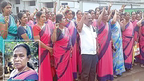 ஆர்ப்பாட்டம் நடத்திய அங்கன்வாடி ஊழியர்கள். (உள்படம்) சித்ரா. | படம்: சி.எஸ்.ஆறுமுகம்