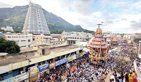 திருவண்ணாமலை அண்ணாமலையார் கோயில் தீப திருவிழாவின் 7-வது நாளான நேற்று உண்ணாமுலையம்மன் சமேத அண்ணாமலையார் மகா ரதம் பக்தர்கள் வெள்ளத்தில் பவனி வந்தது. | படம்: கோ.வெங்கடேசன் |