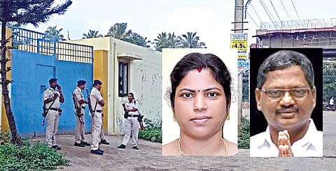 போடியில் அமலாக்கத் துறை சோதனை நடந்த ஏலக்காய் கிடங்கு. (உள்படம்) நகராட்சித் தலைவர் ராஜராஜேஸ்வரி, அவரது கணவர் சங்கர்.