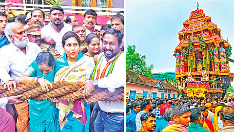 சுசீந்திரம் தாணுமாலய சுவாமி கோயில் மார்கழி தேரோட்டம் நேற்று நடைபெற்றது. (அடுத்தபடம்) தேரை வடம்பிடித்து இழுத்து தேரோட்டத்தை தொடங்கி வைத்த அமைச்சர்கள் சேகர்பாபு, மனோதங்கராஜ்.