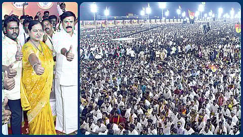 கடலூர் மாவட்டம் வேப்பூர் அருகே நேற்று இரவு நடைபெற்ற தேமுதிக மாநாட்டில் பங்கேற்ற பொதுச் செயலாளர் பிரேமலதா, பொருளாளர் சுதீஷ், இளைஞரணிச் செயலாளர் விஜய பிரபாகரன். (அடுத்த படம்) கூட்டத்தில் பங்கேற்றோரில் ஒரு பகுதியினர். | படங்கள்: எம்.சாம்ராஜ் |