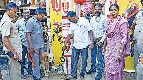 அவனியாபுரம் ஜல்லிக்கட்டு வாடிவாசல் பகுதியில் மோப்ப நாய் உதவியுடன் சோதனை மேற்கொண்ட வெடிகுண்டு தடுப்புப் பிரிவு நிபுணர்கள்.படம் எஸ்.கிருஷ்ணமூர்த்தி