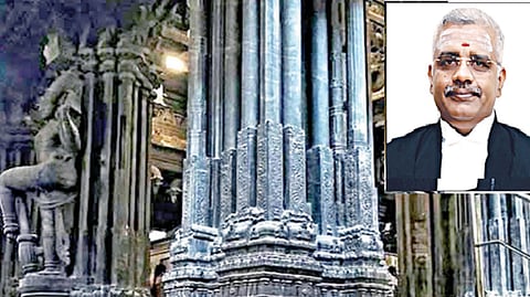 நெல்லையப்பர் கோயில் இசைத் தூண்கள். | உள்படம்; நீதிபதி ஆனந்த் வெங்கடேஷ்