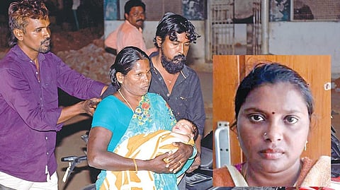 மீட்கப்பட்ட குழந்தையை கொண்டு செல்லும் பாட்டி. (உள்படம்) கைதான மீனாட்சி.படம்: ர.செல்வமுத்துகுமார்