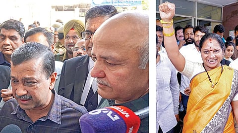 நீதிமன்ற வளாகத்தில் கண்கலங்கியபடி பேட்டி அளிக்கிறார் கேஜ்ரிவால். (அடுத்த படம்) விடுதலையான முன்னாள் எம்.பி. கவிதா ஹைதராபாத்தில் நிருபர்களை சந்தித்தார். படங்கள்:பிடிஐ