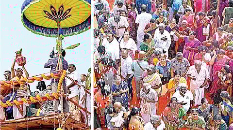 சென்னை மயிலாப்பூரில் உள்ள திருவள்ளுவர் கோயில் கோபுர கலசத்தில் நேற்று புனிதநீர் ஊற்றப்பட்டு கும்பாபிஷேகம் விமரிசையாக நடைபெற்றது. இதில் திரளான பக்தர்கள் கலந்துகொண்டனர். | படங்கள்: ம.பிரபு |