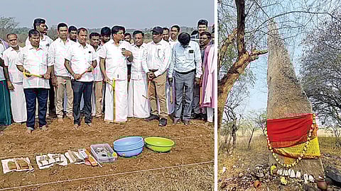 குமரிக்கல்பாளையத்தில் அகழ்வாராய்ச்சி பணிகளை தொடங்கிய மத்திய தொல்லியல் துறையினர். (அடுத்தபடம்) குமரிக்கல்பாளையத்தில் அமைந்துள்ள உயரமான நடுகல்.