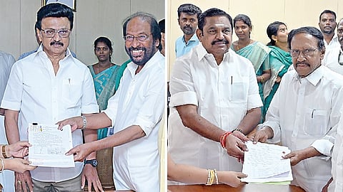 முதல்வர் ஸ்டாலின் முன்னிலையில் வேட்புமனுவை தாக்கல் செய்த திருச்சி சிவா. (அடுத்த படம்) அதிமுக பொதுச் செயலாளர் பழனிசாமி முன்னிலையில் மனுத் தாக்கல் செய்த தம்பிதுரை.படங்கள்: எஸ்.சத்தியசீலன்