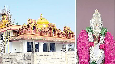 காட்பாடி கரசமங்கலத்தில் ரூ.3 கோடியில் கட்டப்பட்டுள்ள கோயில். (அடுத்தபடம்) எம்ஜிஆர் ஐம்பொன் சிலை.