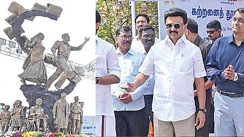 தமிழக பள்ளிக்கல்வித் துறை சார்பில் சென்னை மெரினா கடற்கரையில் ரூ.1 கோடியே 43 ஆயிரம் செலவில் அமைக்கப்பட்டுள்ள ‘கற்றனைத் தூறும் அறிவு’ சிலையை முதல்வர் மு.க.ஸ்டாலின் நேற்று திறந்து வைத்தார். உடன் துணை முதல்வர் உதயநிதி ஸ்டாலின், அமைச்சர்கள் அன்பில் மகேஸ், எ.வ.வேலு, பள்ளிக்கல்வித்துறை செயலர் பி.சந்திரமோகன் உள்ளிட்டோர்.