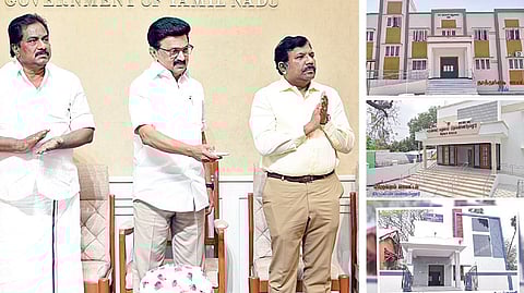 பதிவுத்துறை சார்பில் ரூ.15 கோடி செலவில் கட்டப்பட்டுள்ள சார்பதிவாளர் அலுவலகங்களை முதல்வர் மு.க.ஸ்டாலின் காணொலி மூலம் திறந்து வைத்தார். உடன் அமைச்சர் பி.மூர்த்தி, தலைமைச் செயலாளர் நா.முருகானந்தம், துறை செயலாளர் ஷில்பா பிரபாகர் சதீஷ், துறை தலைவர் தினேஷ் பொன்ராஜ் ஆலிவர்.