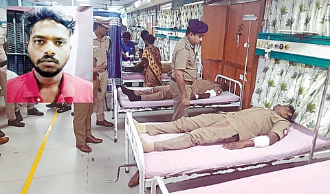 ரவுடி கணேஷ் தாக்கியதில் காயமடைந்து, ஸ்டான்லி அரசு மருத்துவமனையில் சிகிச்சை பெறும் எஸ்.ஐ. சுப்பிரமணி, தலைமைக் காவலர் தினேஷ்குமாரிடம் நலம் விசாரிக்கும் கூடுதல் ஆணையர் பிரவேஷ் குமார். உள்படம்: சுட்டுக் கொல்லப்பட்ட ரவுடி கணேஷ்.