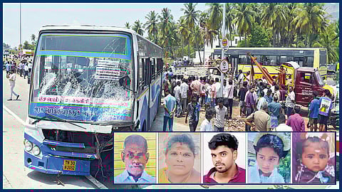 விபத்துக்கு காரணமான அரசுப் பேருந்து. (உள்படம்) உயிரிழந்த செல்வராஜ், இருசாயி, மணிகண்டன், நித்திஷா, ஜீவிதா. | படம்: எஸ்.குரு பிரசாத் |