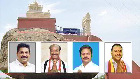 திருக்கோவிலூரின் அடையாளமான கபிலர் குன்று. (உள்படம்) கவுதம்சிகாமணி (திமுக), பழனிசாமி (அதிமுக), ஹேமராஜன் (நாதக), பரணி பாலாஜி (தவெக)