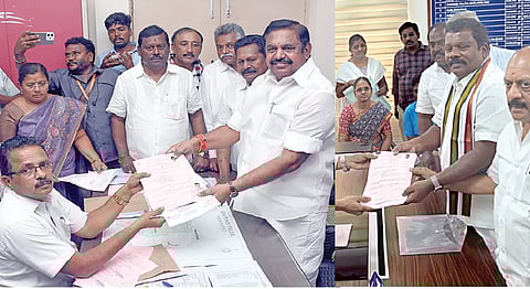 எடப்பாடி தொகுதியில் போட்டியிடும் அதிமுக பொதுச் செயலாளர் பழனிசாமி நேற்று வேட்புமனு தாக்கல் செய்தார். படம்: எஸ்.குருபிரசாத் | அடுத்த படம்: ஸ்ரீபெரும்புதூரில் காங்கிரஸ் சார்பில் போட்டியிடும் கட்சியின் மாநிலத் தலைவர் செல்வப்பெருந்தகை வேட்புமனு தாக்கல் செய்தார். உடன் அமைச்சர் தா.மோ.அன்பரசன்.